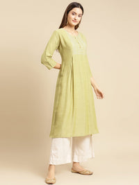 rangita Women Mint Green Yoke Zari Embroidered Calf Length A-Line Kurti