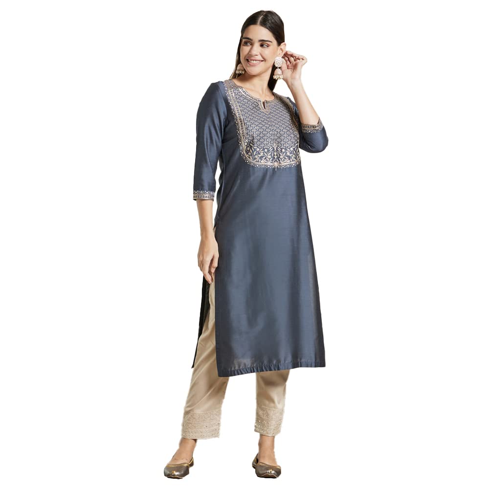 Kashish Women's  Viscose Embroidered Round Neck Straight Fit Kurta