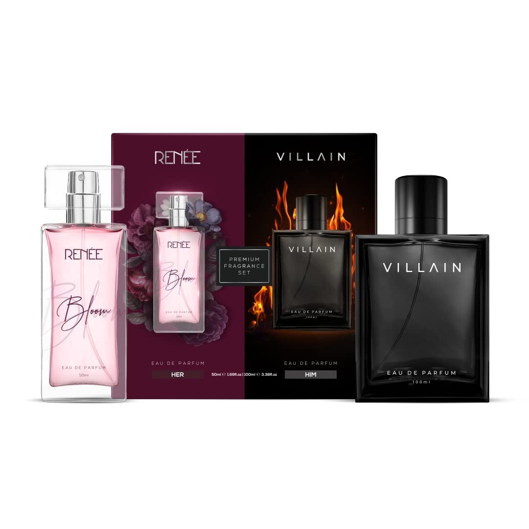 RENEE x VILLAIN Unisex Adult Liquid Premium Eau De Parfum Gift Set 50 ml + 100 ml| Scent for All Occasions & RENEE Eau De Parfum Bloom 8ml,Travel Friendly Mini Perfume