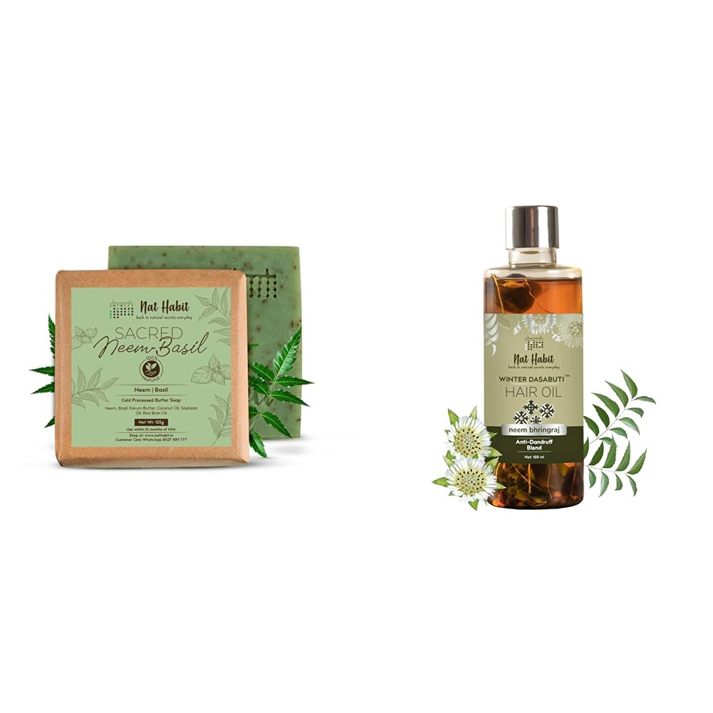 Nat Habit Cold Processed Neem Soap 125g and Neem Bhringraj Hair Oil 100ml Combo For Women & Men, Body Ance & Dandruff