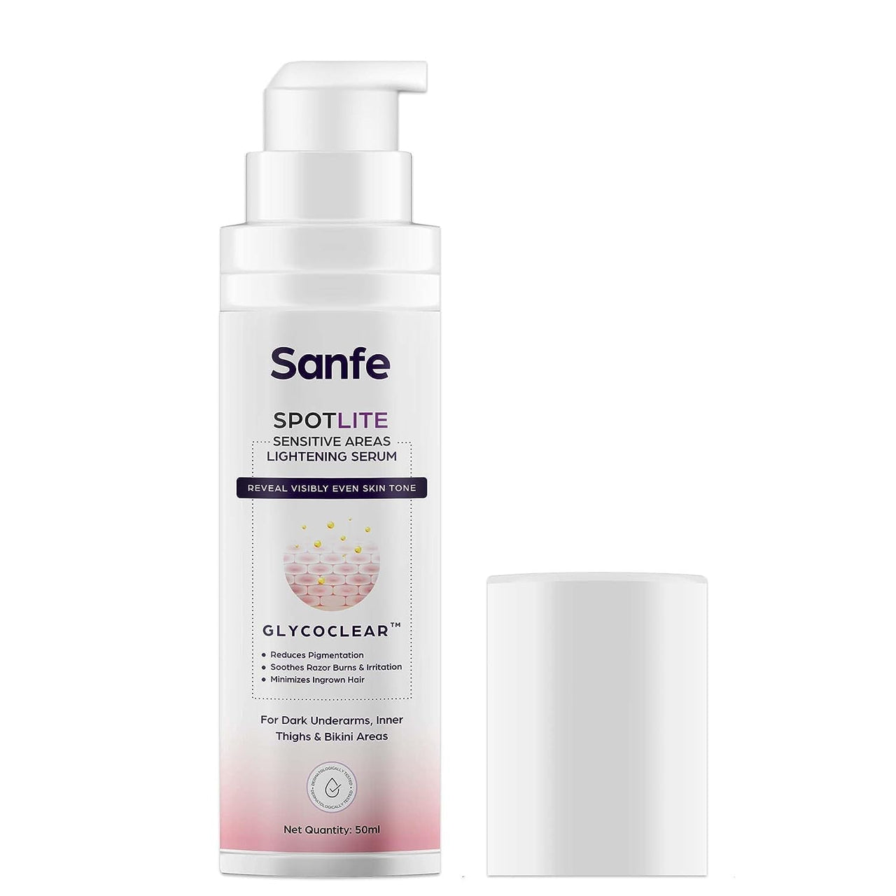 Sanfe Spotlite Sensitive Body Serum For Dark Underarms, Inner Thighs & Sensitive Areas | Enriched with Kojic Acid, 4% Niacinnamide| For Dark Intimate Patches, Detanning, Anti Aging and Skin 50gm