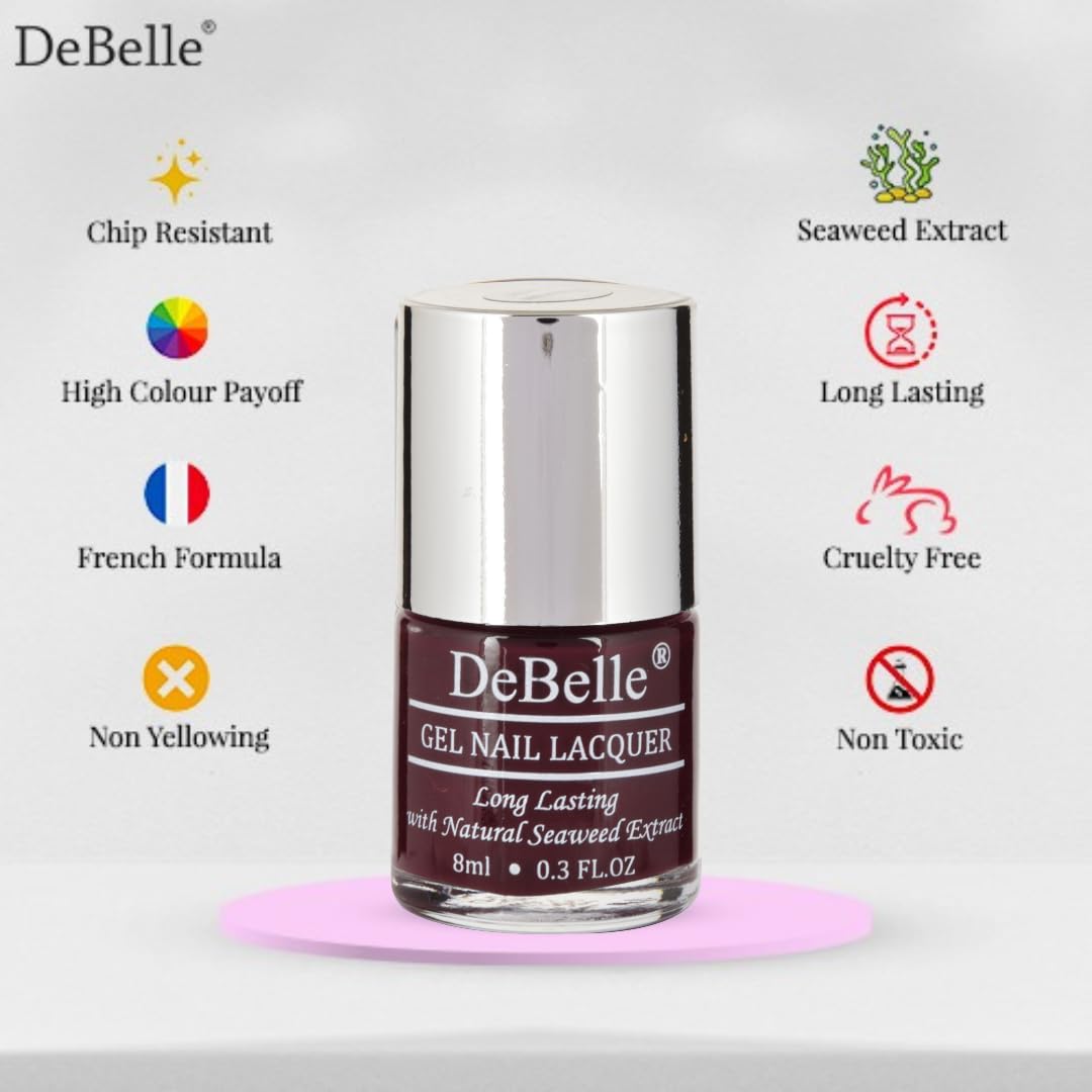 DeBelle Gel Satin Finish Nail Polish Glamorous Garnet (Dark Maroon), 8 Ml - Enriched With Natural Seaweed Extract, Cruelty Free, Toxic Free