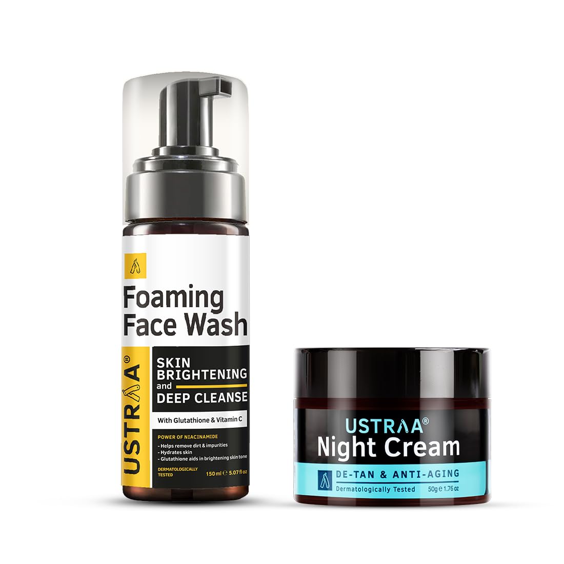 Ustraa Bright Night Kit - Foaming Face Wash - For Skin Brightening - 150 ml | Helps Prevent Blackheads | NO SLS & Night Cream - De-tan & Anti-aging - 50g - Effective Tan Removal | with Niacinamide