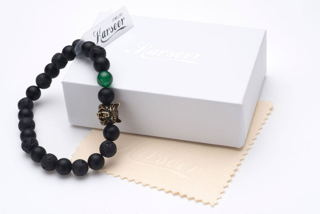 Karseer Viking Wolf Head Charm Healing Crystal Stress Relief Anti Anxiety Energy Stone Beaded Bracelet Antique Bronze Wolf