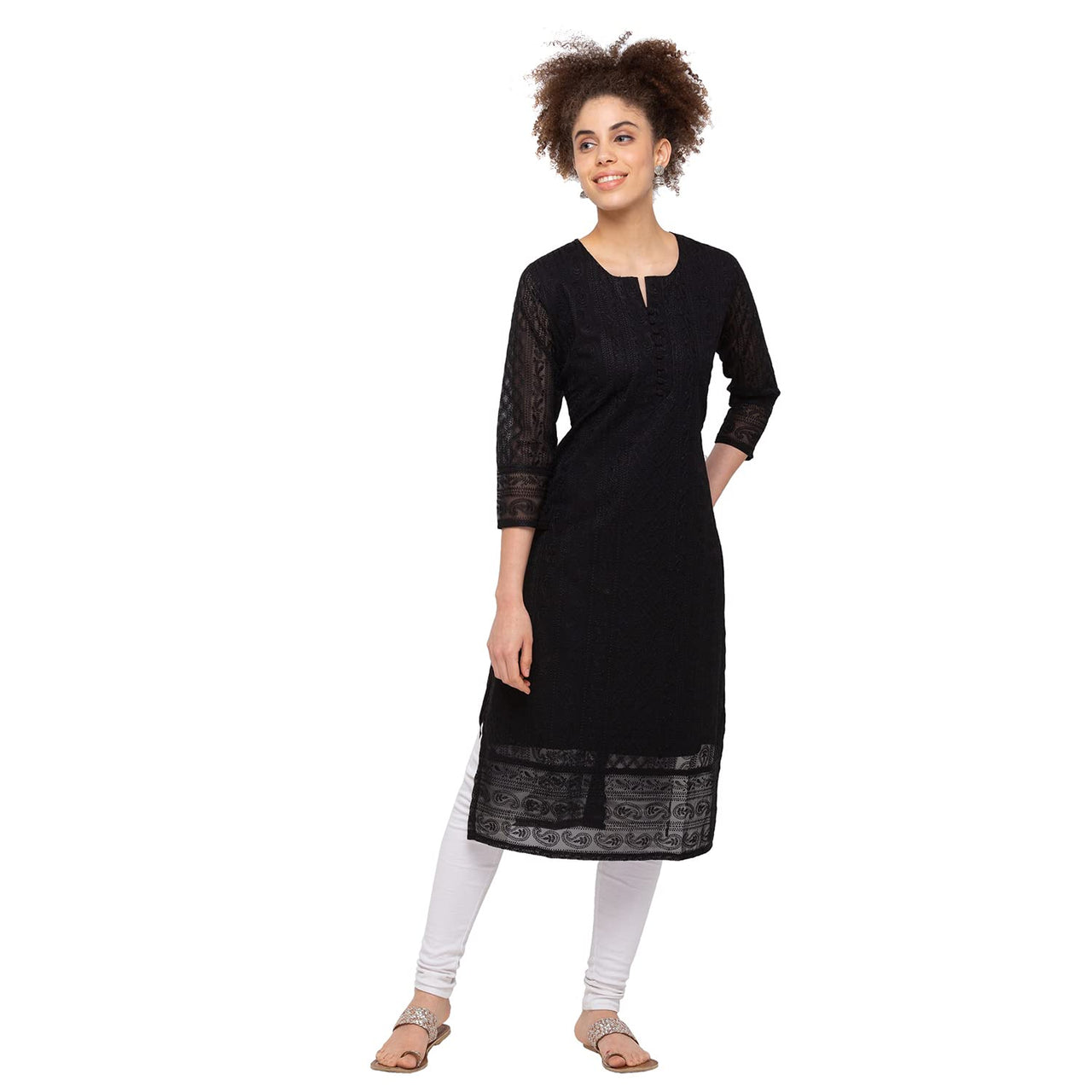 ZOLA Exclusive Georgette Round Neck with Full Sleeves and Calf Length Luckhnowi Chikan Kari Kurta with Button Placket on Yolk Ethnic Wear Straight Kurta for Women Pack of 1
