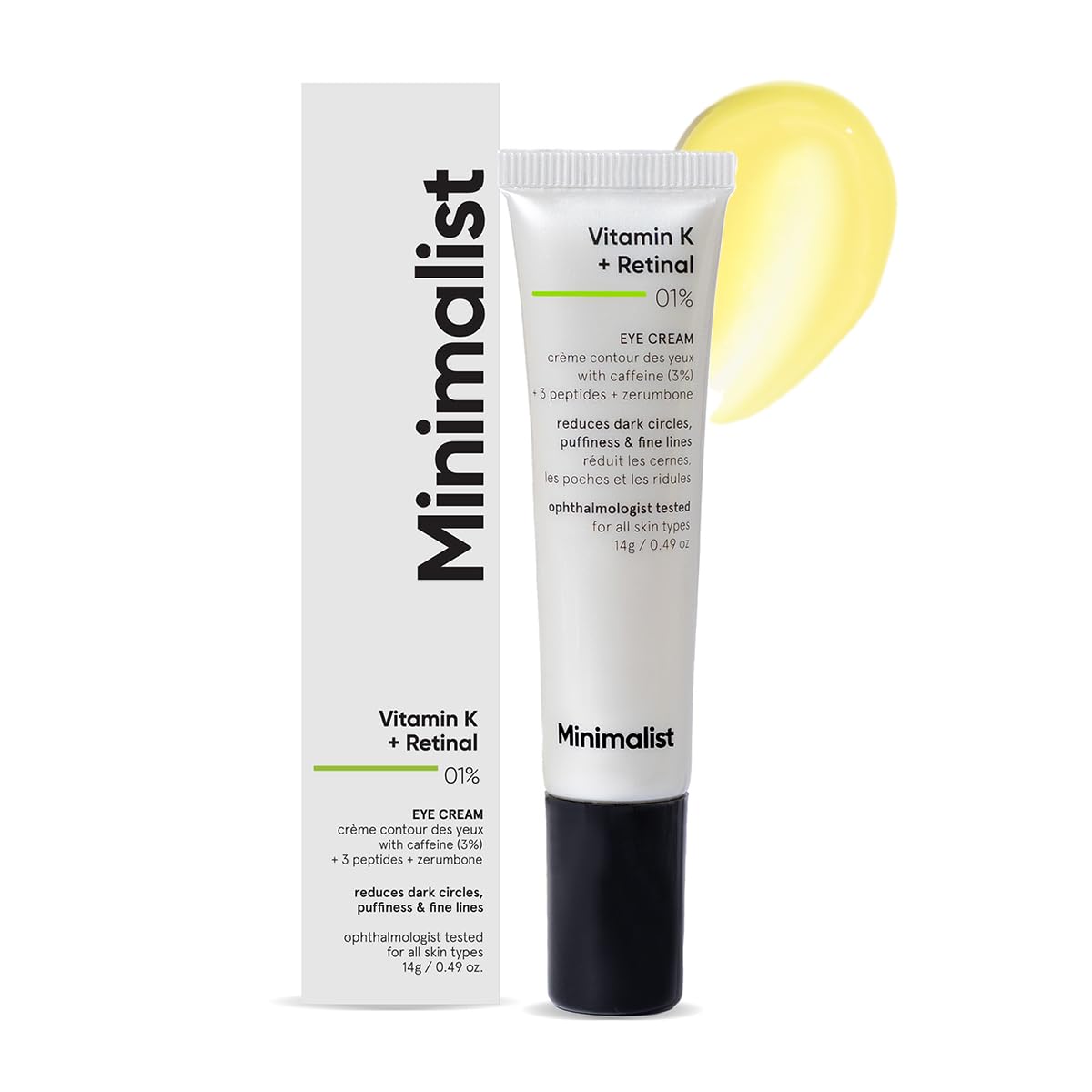 Minimalist Vitamin K + Retinal 01% Under Eye Cream | Reduces Dark Circles, Wrinkles & Fine Lines | With Caffeine for Puffiness | For Women & Men | 14 gm