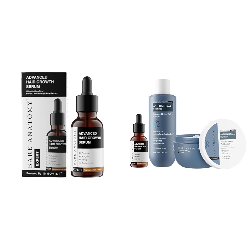 Bare Anatomy Advanced Hair Growth Serum | 3% Redensyl + 4% Anagain + 3% Baicapil + 1% Capilia Longa,for Women & Men | 30mL Anti-Hair Fall Shampoo + Mask for Women & Men