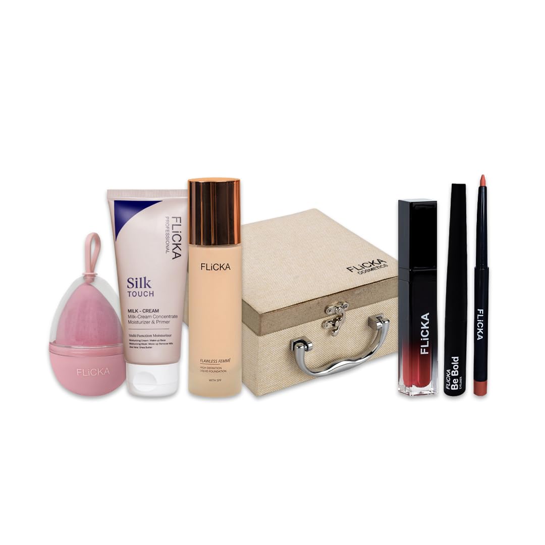 FLiCKA Wedding, Anniversary Gift Makeup Box Combo Pack | 3 in 1 Silk Touch Primer Moisturizer, Flawless Foundation, Beauty Blender, Set & Attack Lipsticks, Be Bold Eyeliner, Lipliner, Vanity Box | Best Gift hamper for Sister, Girlfriend, Wife, Mother