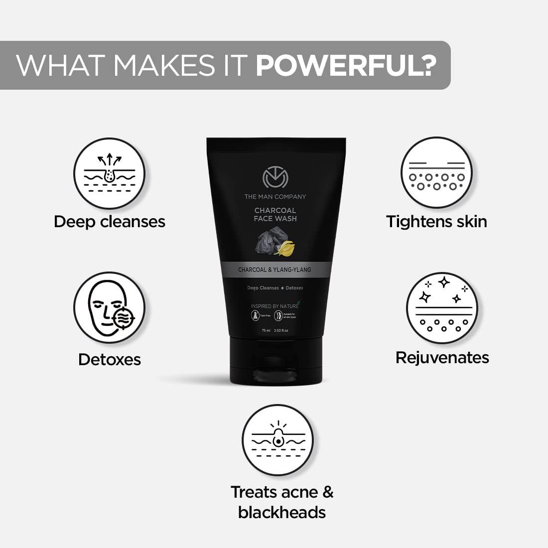 The Man Company Charcoal Face Wash (Buy 1 Get 1 Free) -75ml Each | Ylang Ylang | Anti Pollution, Acne Oil Control | Deep Cleansing | Blackheads Removal | All Skin Types