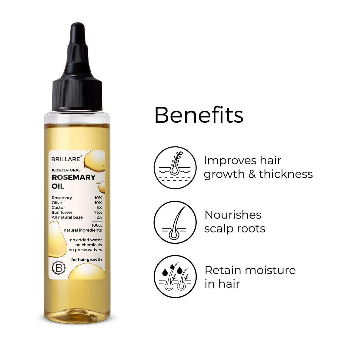 Brillare Rosemary Oil For Rapid Hair Growth | Improves Hair Thickness | Controls Hair Fall & Nourishes Scalp | 100% Natural, Non Greasy Hair Oil For Men & Women (100 ML)