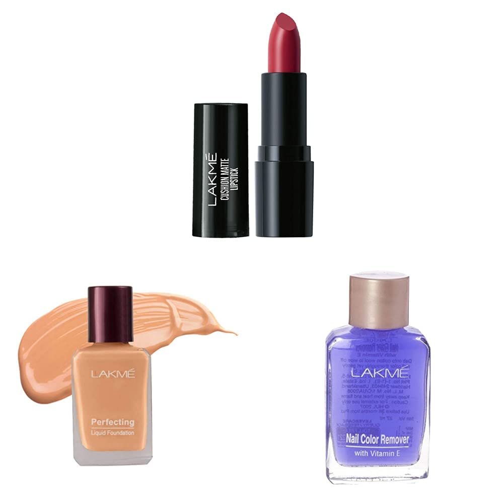Lakmé Cushion Matte Lipstick, Red Wine, 4.5 g & Lakme Perfecting Liquid Foundation 27 ml & Lakmé Nail Color Remover, 27ml
