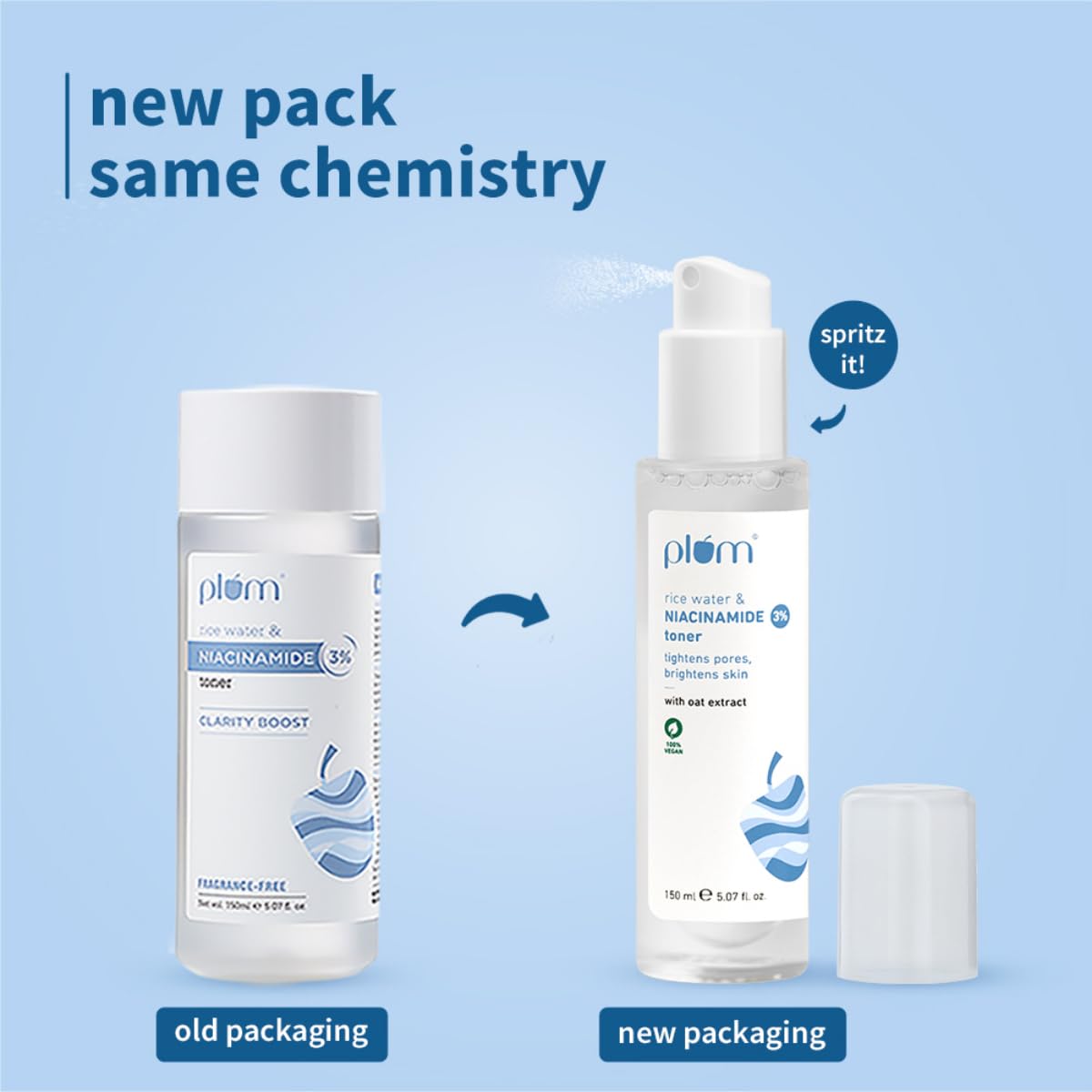 Plum 3% Niacinamide & Rice Water Face Toner | Alcohol-Free Toner for Oily Acne Prone Dry Combination Skin | Pore Tightening & Glowing Skin |Fades Blemishes, Brightens & Smoothens | Women & Men | 150ml