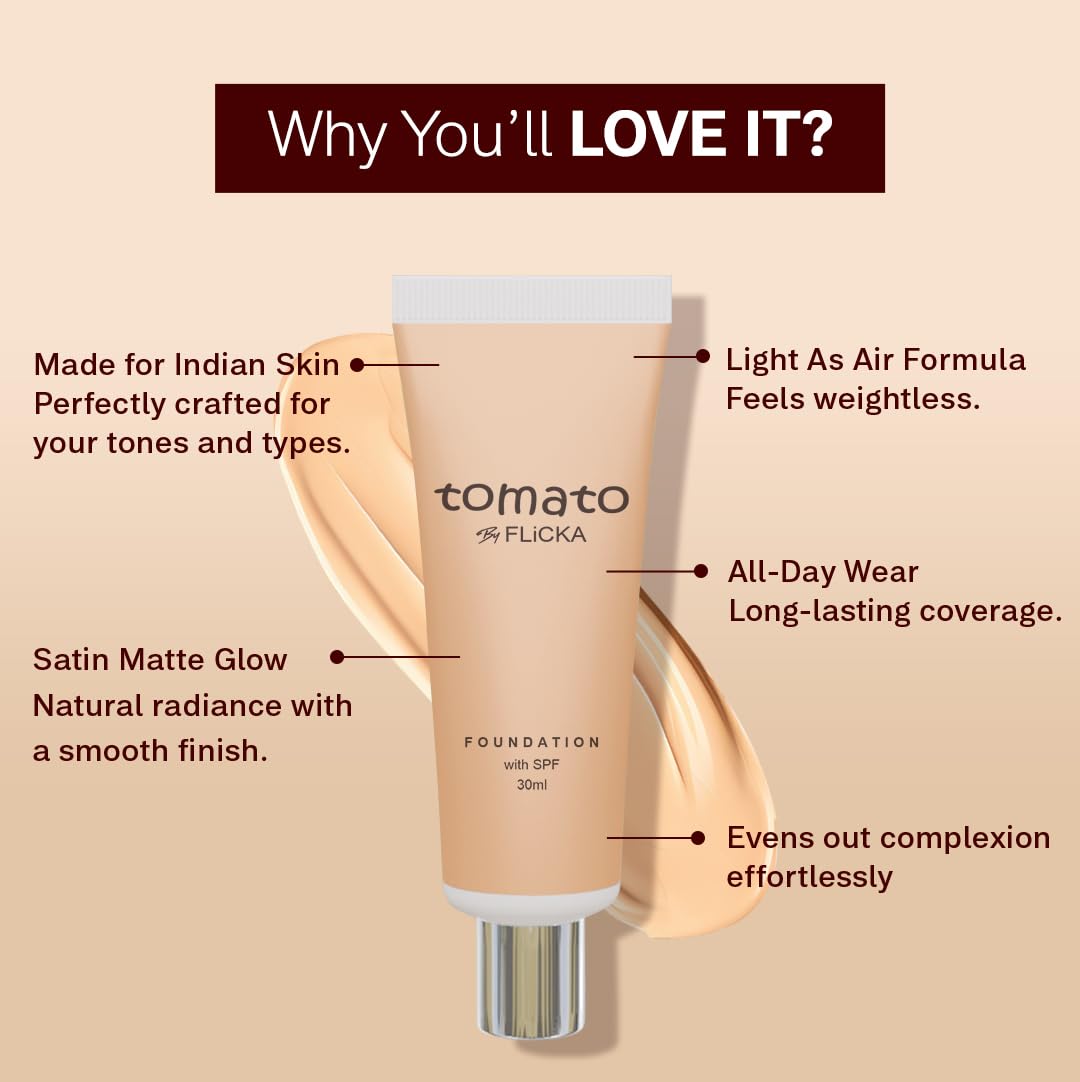FLiCKA Tomato Liquid Foundation for Face Makeup 30ml | Light to Medium to Buildable Coverage | Moisturizing, Lightweight & Long Lasting | All Skin Types | 01 Ivory