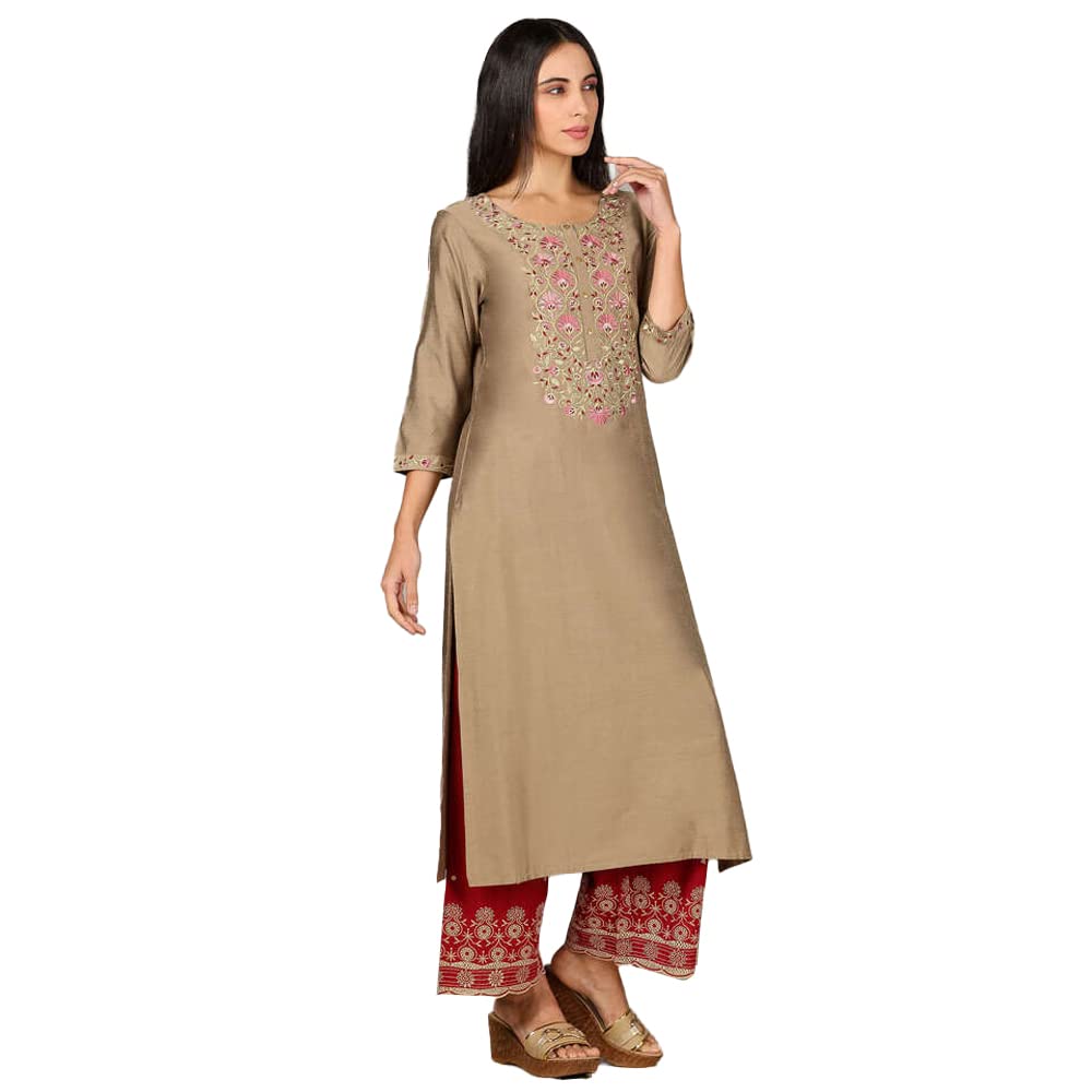 Kashish Women's  Viscose Embroidered Round Neck Straight Fit Kurta