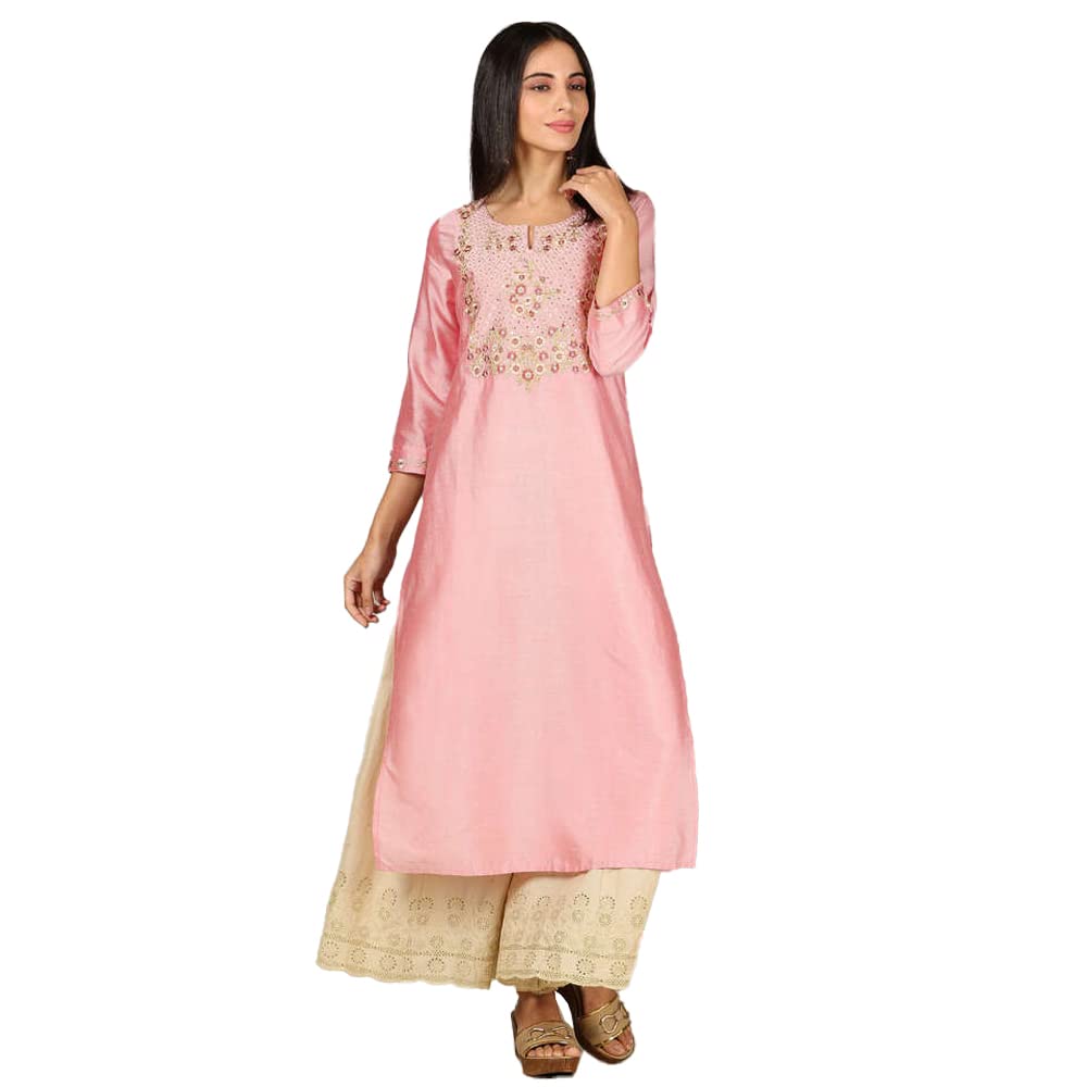 Kashish Women's  Viscose Embroidered Round Neck Straight Fit Kurta