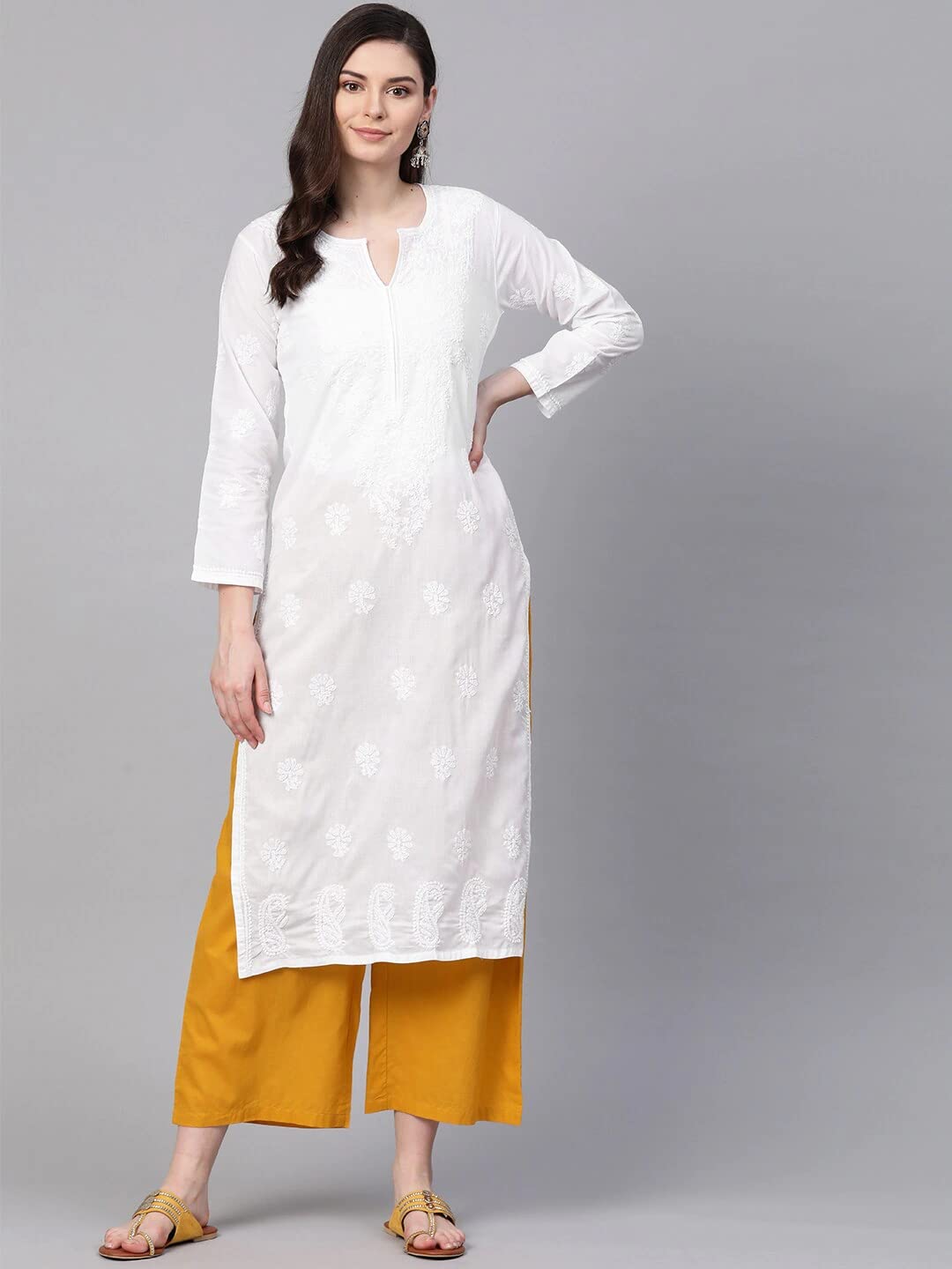 Ada Women's  Hand Embroidered Latest Chikankari Straight Cotton Kurti Kurta