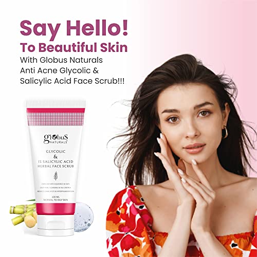 Globus Naturals Glycolic & 1% Salicylic Acid Anti-Acne Face Care Combo - Set of 4 Wash, Cream, Gel & Scrub