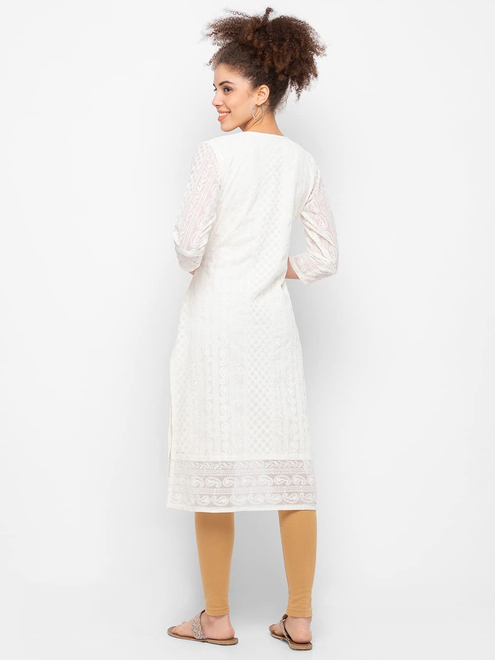 ZOLA Exclusive Georgette Round Neck with Full Sleeves and Calf Length Luckhnowi Chikan Kari Kurta with Button Placket on Yolk Ethnic Wear Straight Kurta for Women Pack of 1