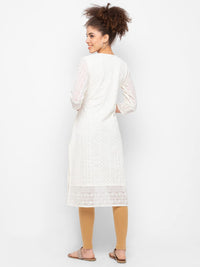 ZOLA Exclusive Georgette Round Neck with Full Sleeves and Calf Length Luckhnowi Chikan Kari Kurta with Button Placket on Yolk Ethnic Wear Straight Kurta for Women Pack of 1