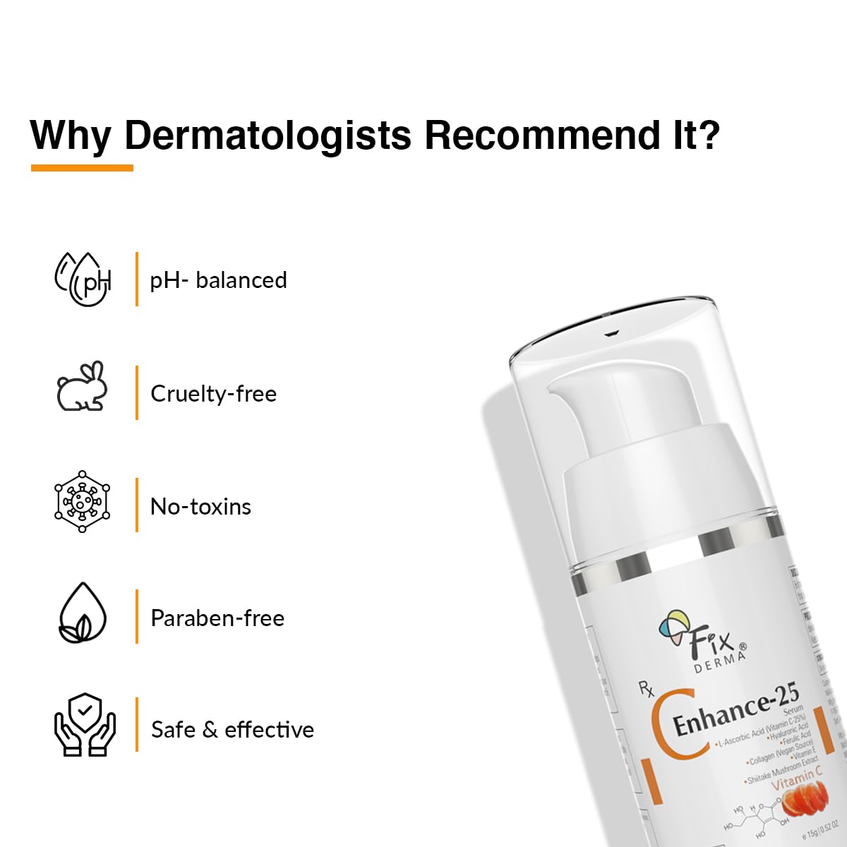 Fixderma 25% Vitamin C Serum for Face, C" Enhance for Glowing Skin, Anti Aging Face Serum for Unisex Reduces Fine Lines, Wrinkles & Age Spots, Skin Brightening & Lightening for Face, 15ml