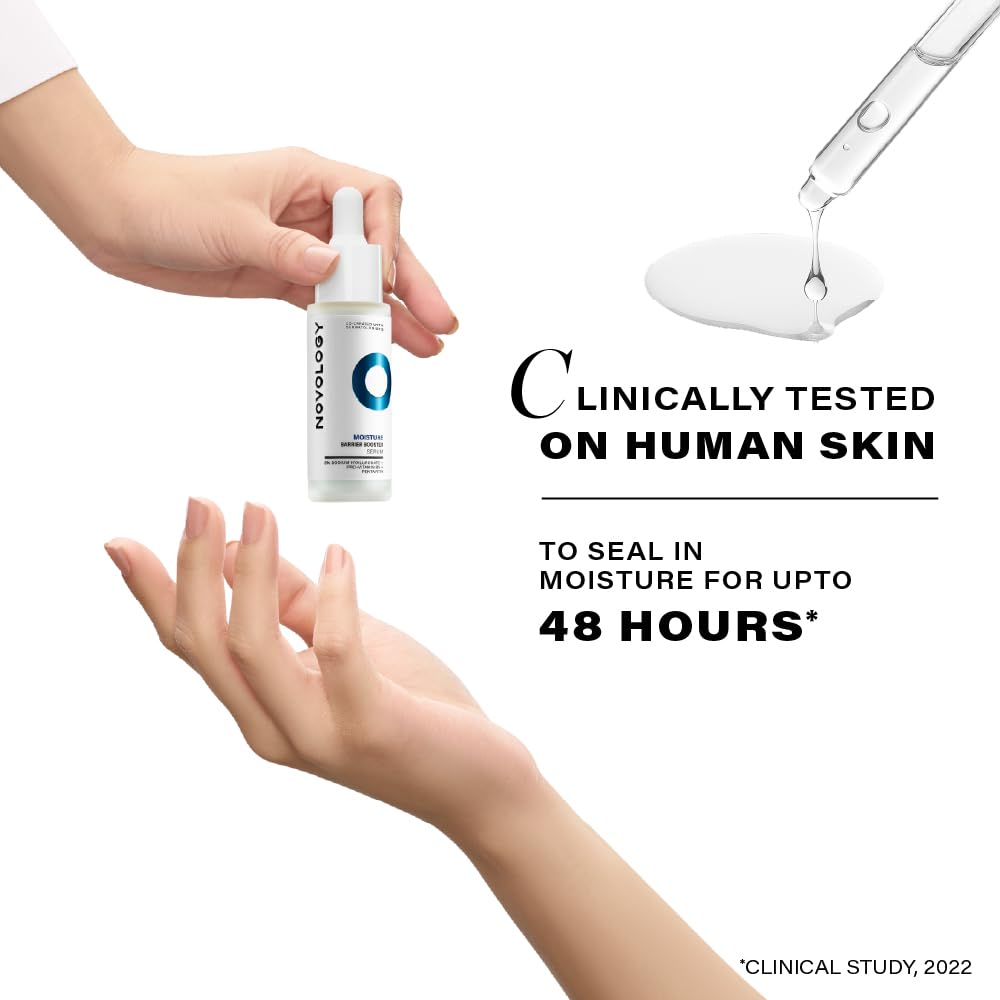 Novology Moisture Barrier Booster Serum with Hyaluronic Acid, Pro-Vitamin B5 & Pentavitin for 48 hours of Hydration | For Dry skin, Sensitive Skin | Non- Sticky | 28ml