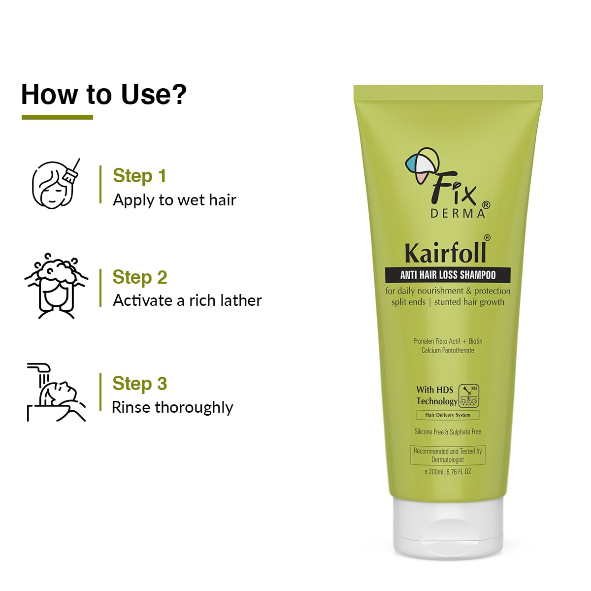 Fixderma Kairfoll Anti Hairloss Shampoo | Shampoo for Hair Fall Control | Anti-Dandruff Shampoo | Hair Shampoo for Women & Men - 200 ml