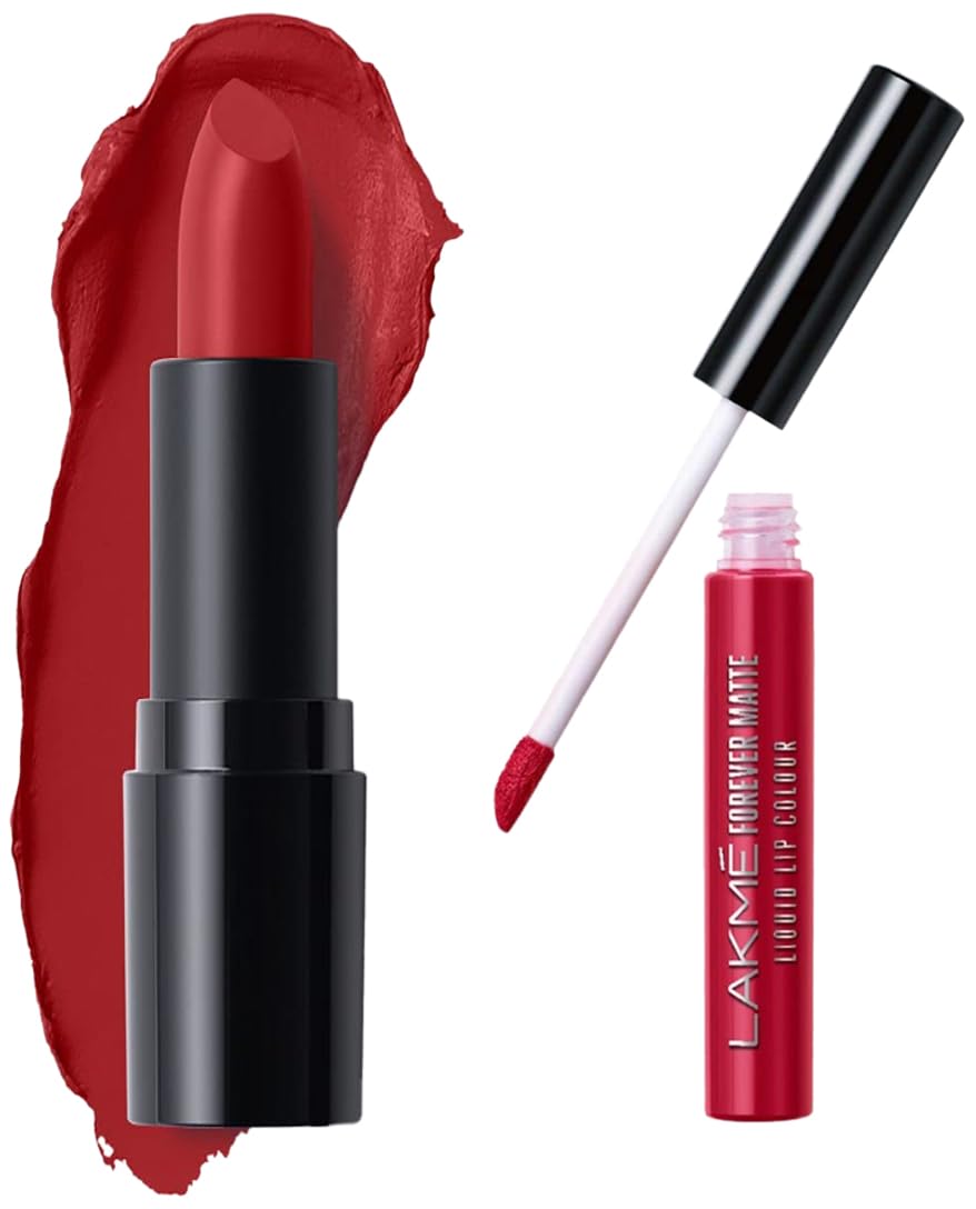 Lakmé Forever Matte Liquid Lip Colour, Red Revival, 5.6 ml & Lakmé Cushion Matte Lipstick, Pink Lily, 4.5 g