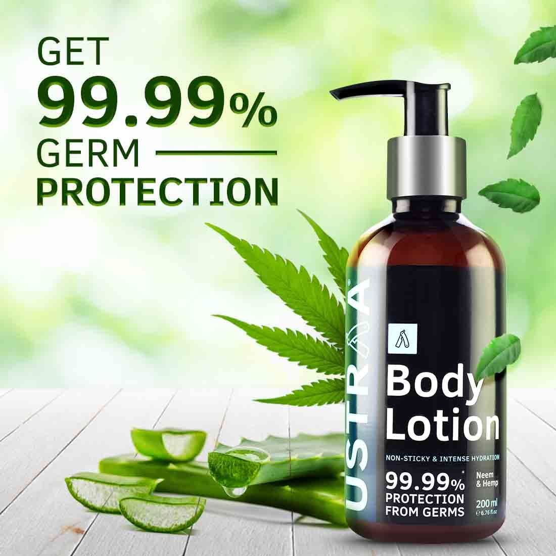 Ustraa Body Lotion Germ-Free - 200ml | Fights Dry Skin and Germs | Non-Sticky, Moisturizes & Hydrates Skin | With Hemp, Vitamin E, Aloe vera, and Neem.