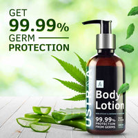 Ustraa Body Lotion Germ-Free - 200ml | Fights Dry Skin and Germs | Non-Sticky, Moisturizes & Hydrates Skin | With Hemp, Vitamin E, Aloe vera, and Neem.