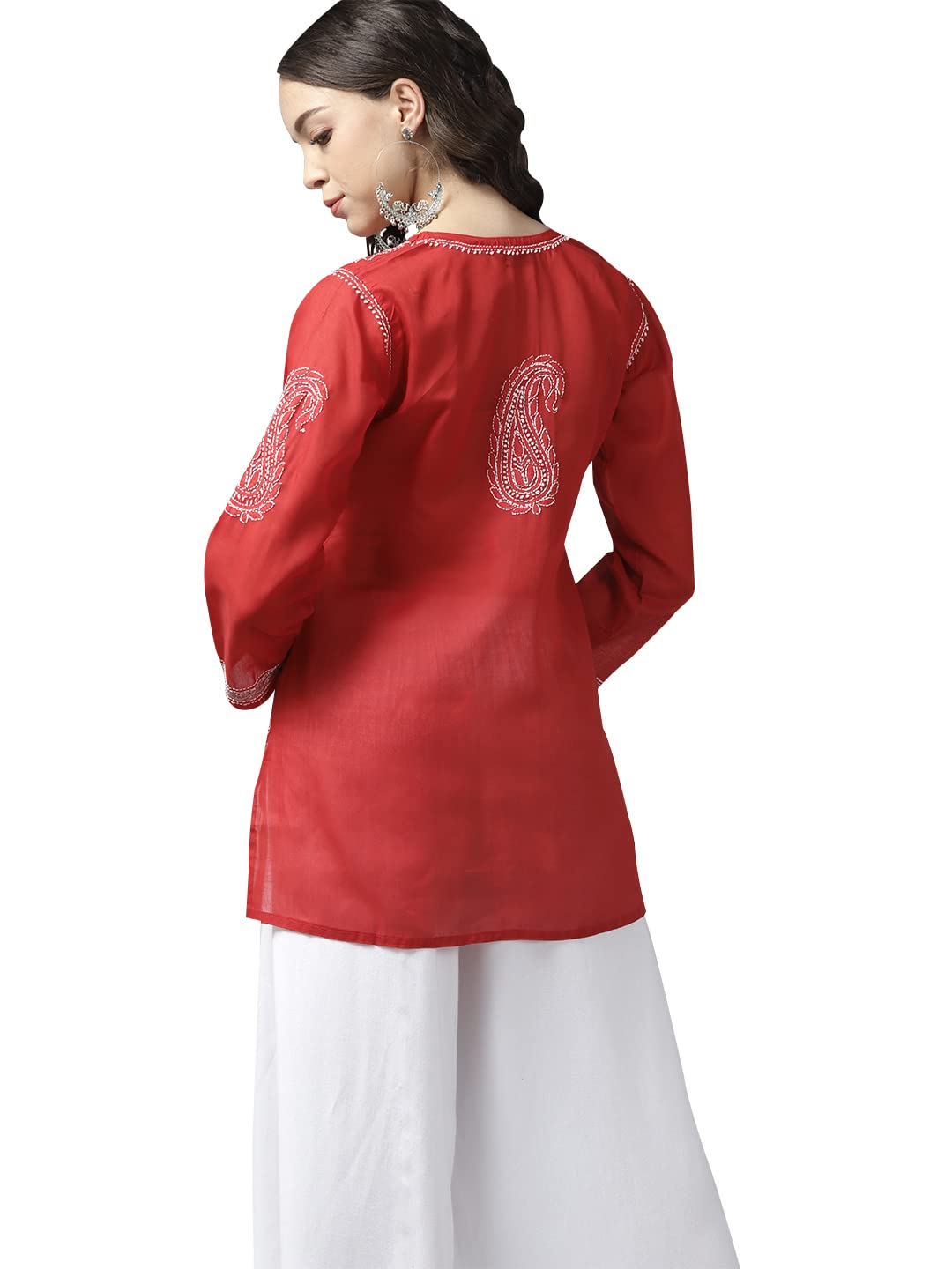 Ada Women's  Hand Embroidered Lucknowi Chikankari Cotton Straight Short Top Kurti A178625