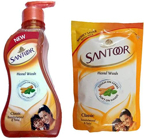 Santoor Classic Sandalwood and Tulsi Soft On 2 Hand Wash POUCH (215 + 180) Pump Dispenser (2 x 197.5 ml