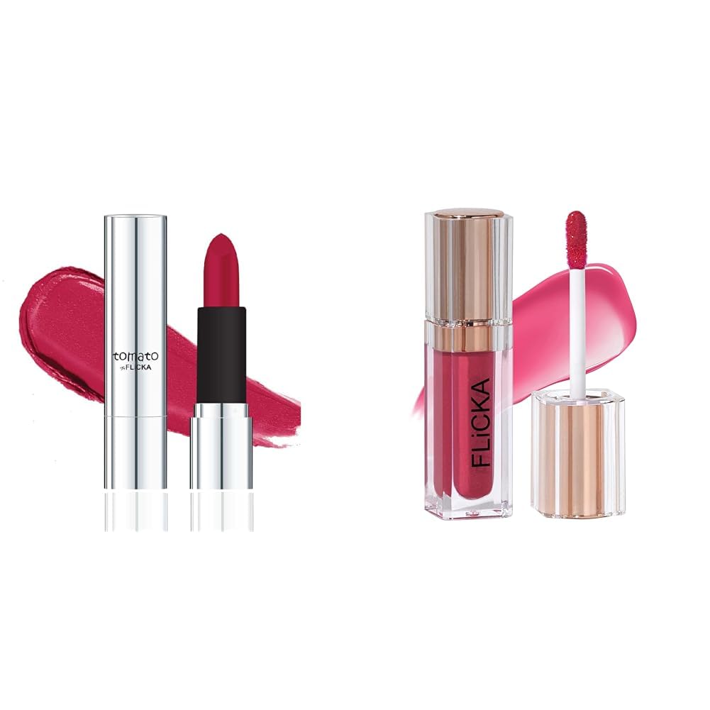FLiCKA Tomato Bullet Matte Lipstick| Nontransfer Lipstick, Waterproof, Hydrating, Moisturizing, Upto 6Hrs, Shade 15, 4g Shimmery Affair Lip Gloss 6 Gin Baby Pink 5ml