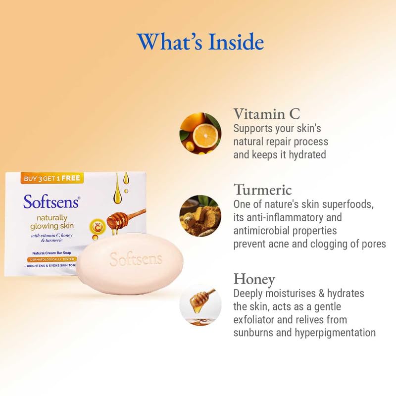 Softsens Naturally Glowing Skin Cream Bar Soap | Parabens, Sulphates Free Soap Pack of 3 (100g x 4)