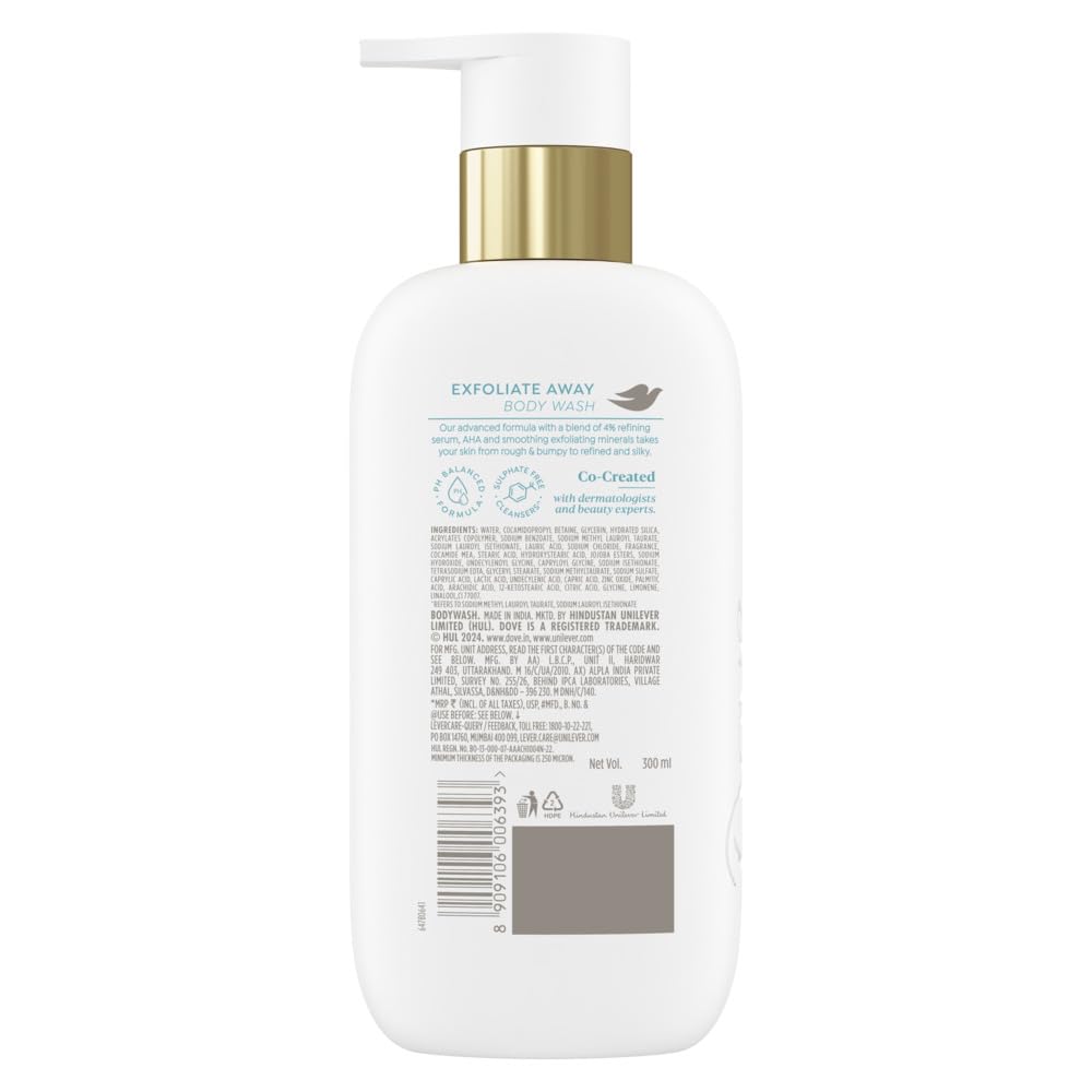 Dove Exfoliate Away Serum Body Wash | 4% Refining Serum + AHA | Micro-polishers for silkier skin | Paraben & SLS free | 300 ml