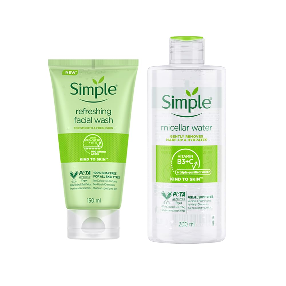 Simple Kind To Skin Refreshing Facial Wash 150 Ml & Micellar Cleansing Water| Makeup Remover For all Skin Types| 200 ml