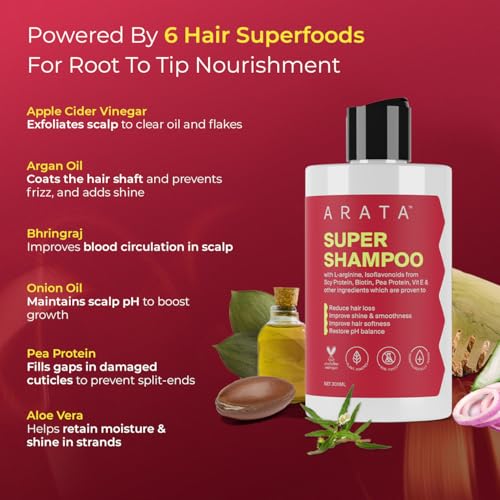 Arata 6-in-1 Super Shampoo | Prevents Hair loss | Restores pH Balance | Boosts Hair Thickness | Reduces Breakage | Fights Microbial Infections | Adds Shine | Shampoo For Women & Men | 300ml