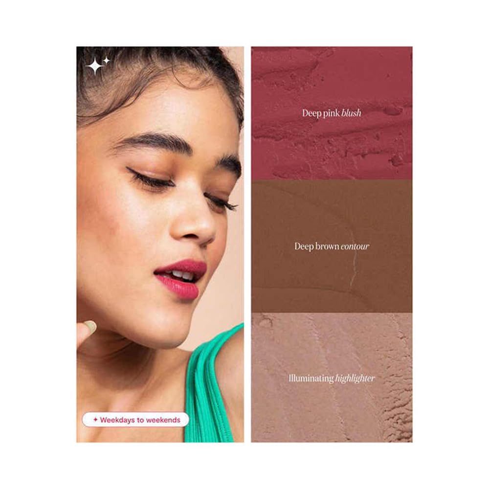 Gush 3 in 1 multi-use Face Palette | Cream Blush, Contour and Highlighter | Pocket-sized twist & Stack Palette | Easily blendable, Non sticky, Buttery & Buildable | Contains Avocado oil and Shea butter for a Dewy Finish | Free from Sulfates and fragrance