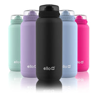 Ello Cooper Stainless Steel Water Bottle with Straw and Carry Handle, Double Walled and Vacuum Insulated Metal, Leak Proof Locking Lid with Soft Silicone Spout, Reusable, BPA Free, 22oz, 32oz, 40oz Black