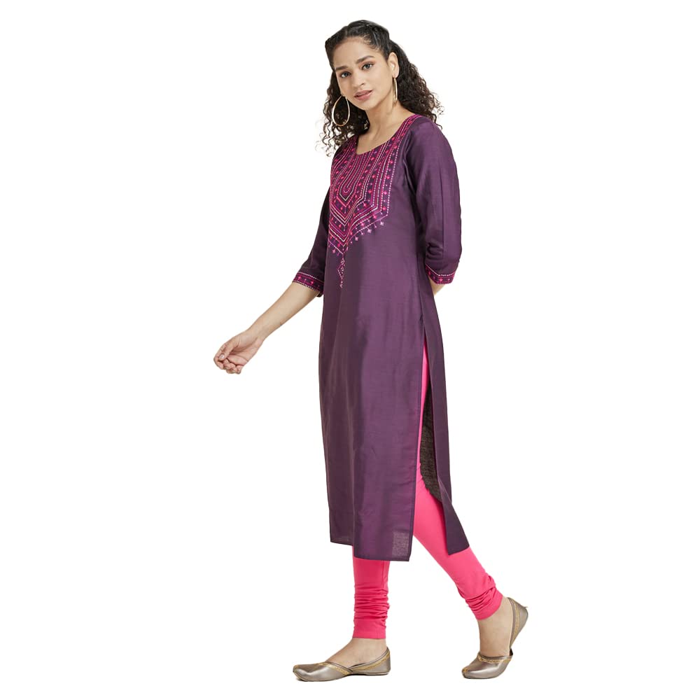Kashish Women's  Viscose Embroidered Round Neck Straight Fit Kurta