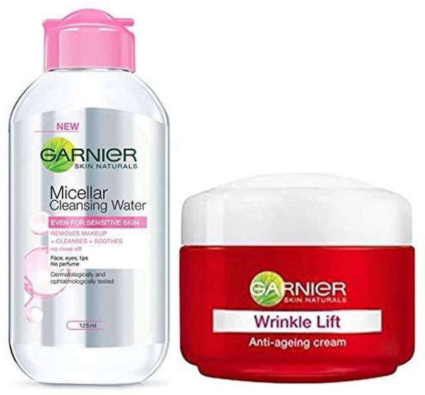 GARNIER Pink Micellar Cleansing Water 125ml & Wrinkle Lift Anti Ageing Cream 40g (PACK OF 2)