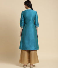 rangita Women Solid Embroidered Calf Length A Line Kurti with Sleeves Tabs