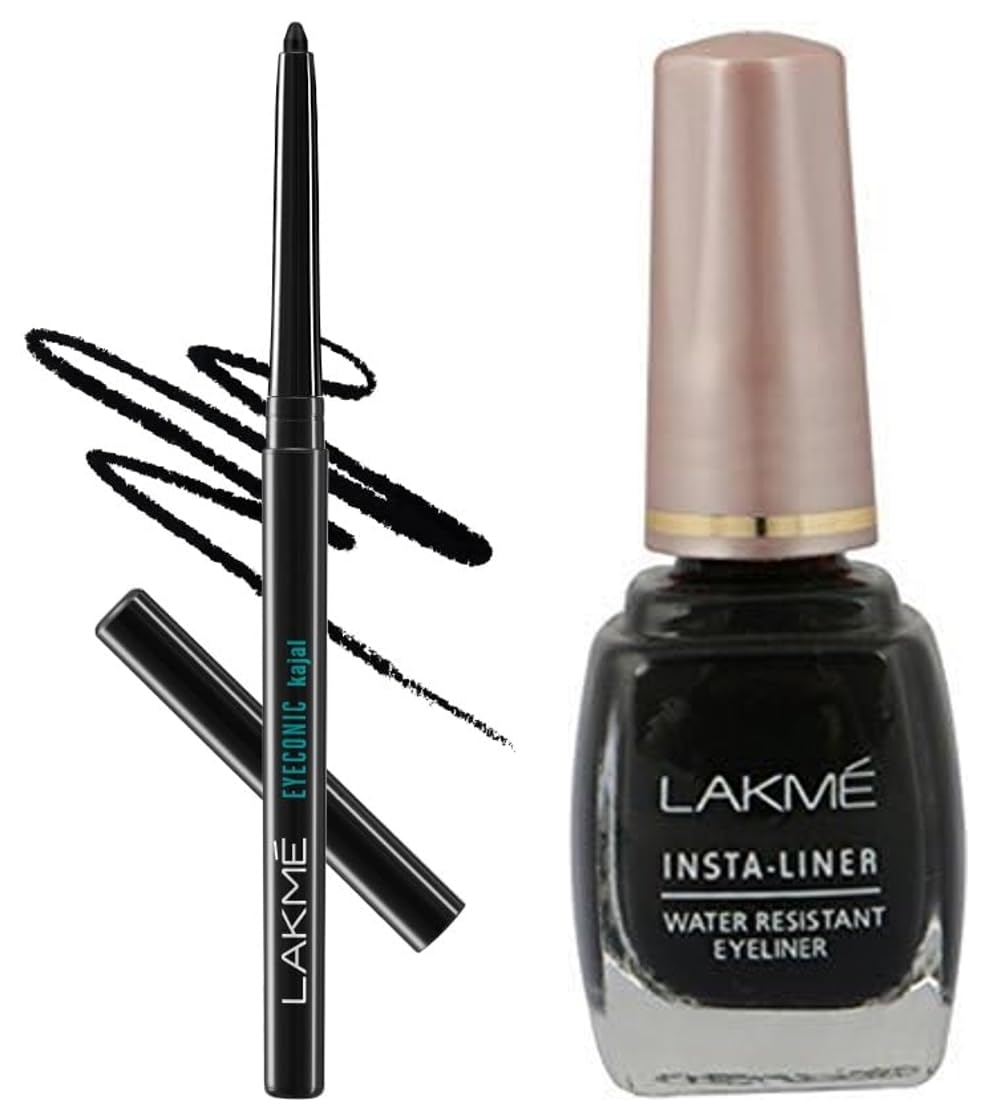 Lakmé Eyeconic Black Kajal, Matte Kohl Liner In A Twist Up Pencil, 0.35 G & Lakmé Insta Eye Liner, Black Semi_Matte Finish, Water Resistant, Long-Lasting, 9 Ml