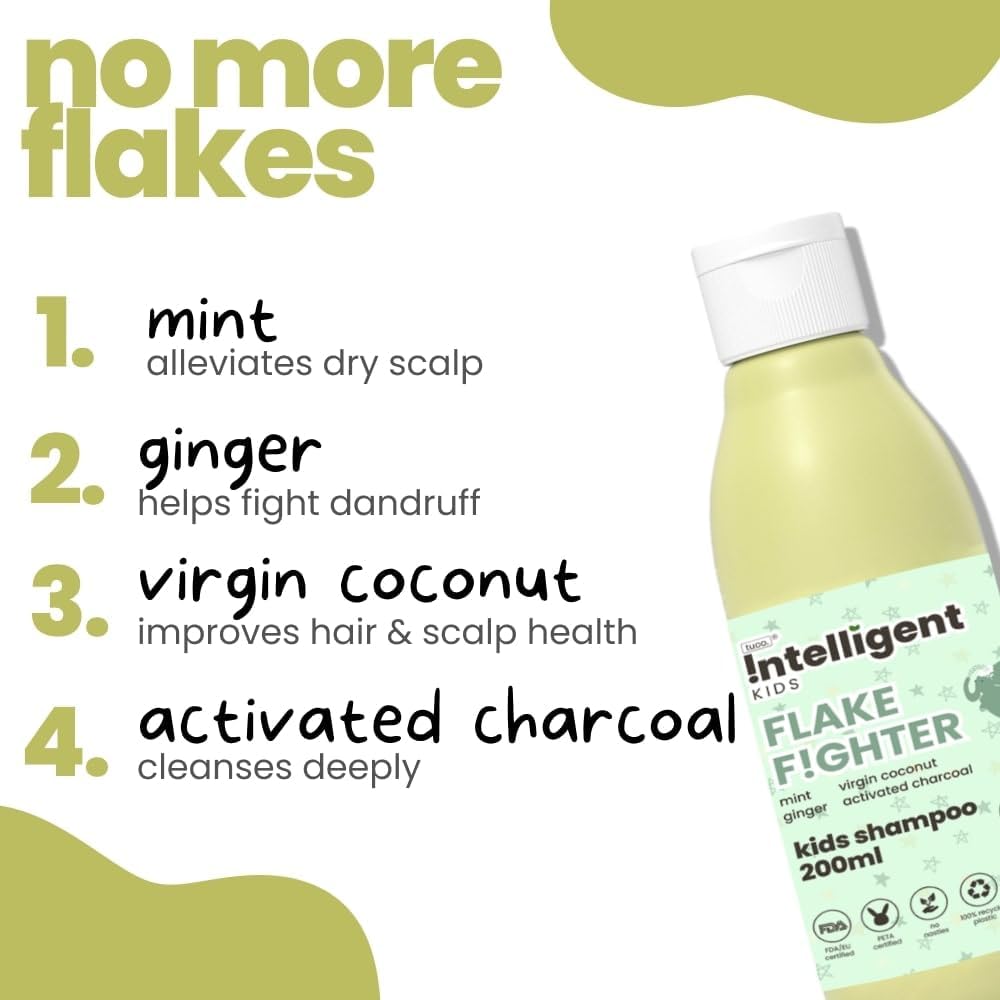 TuCo Kids Anti-Dandruff Shampoo With Wintergreen, Mint & Activated Charcoal | For Itchy Scalp & Rough Hair |Ph5.5, Vegan & Tear Free | Ages 2-5, 4-10, 10-15 Years | 200Ml