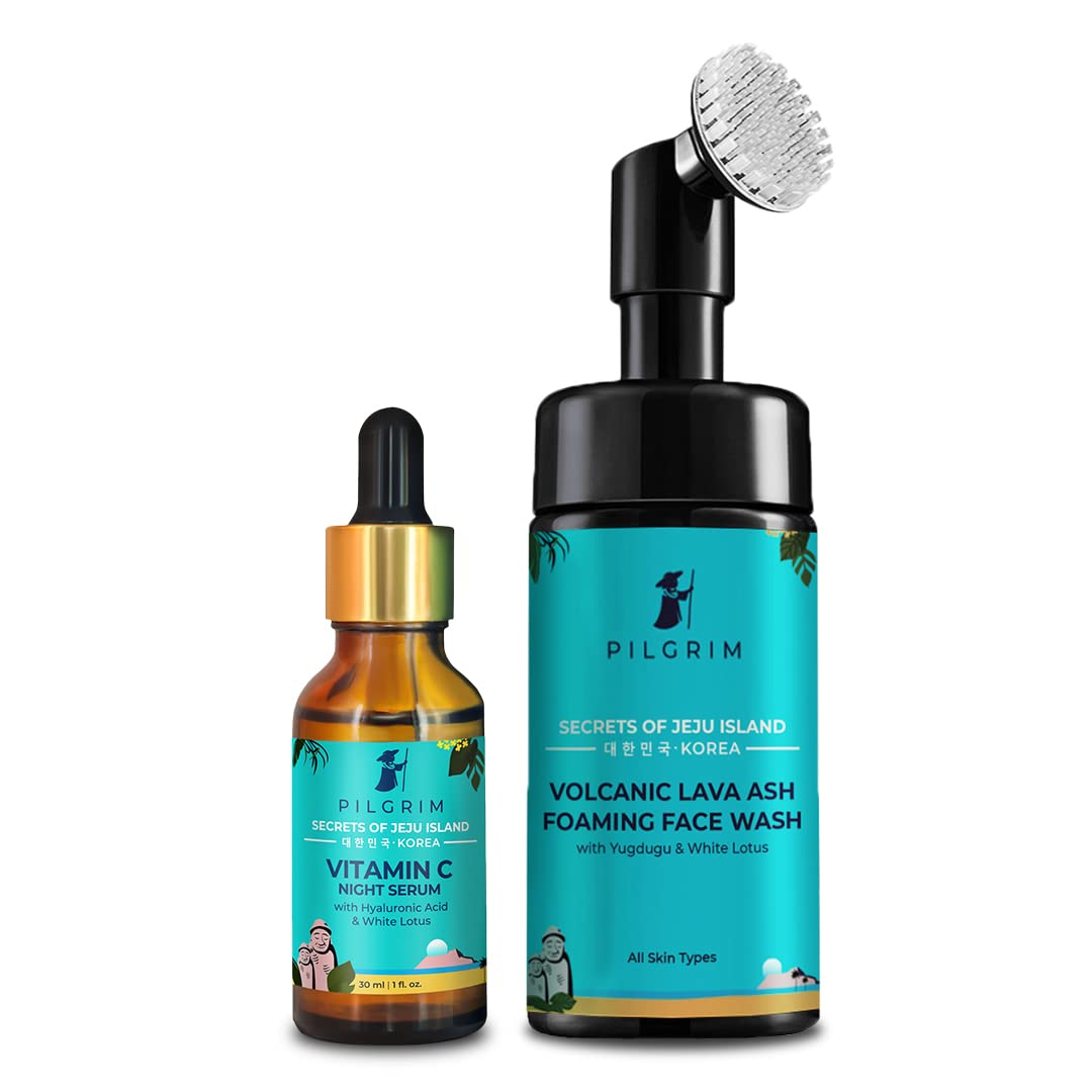 Pilgrim Face Wash | Volcanic Lava Ash Foaming Cleanser with Brush 120ml, Vitamin C Night Serum 30ml | For Face Cleansing & Brightening | Unisex Korean Skin Care