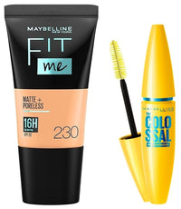 Maybelline New York Fit Me Matte+Poreless Liquid Foundation Medium Coverage For Oily Skin Powder Tube,230 Natural Buff,18Ml& Volume Express Colossal Masacara,Waterproof,Black,10G,Pack Of 1