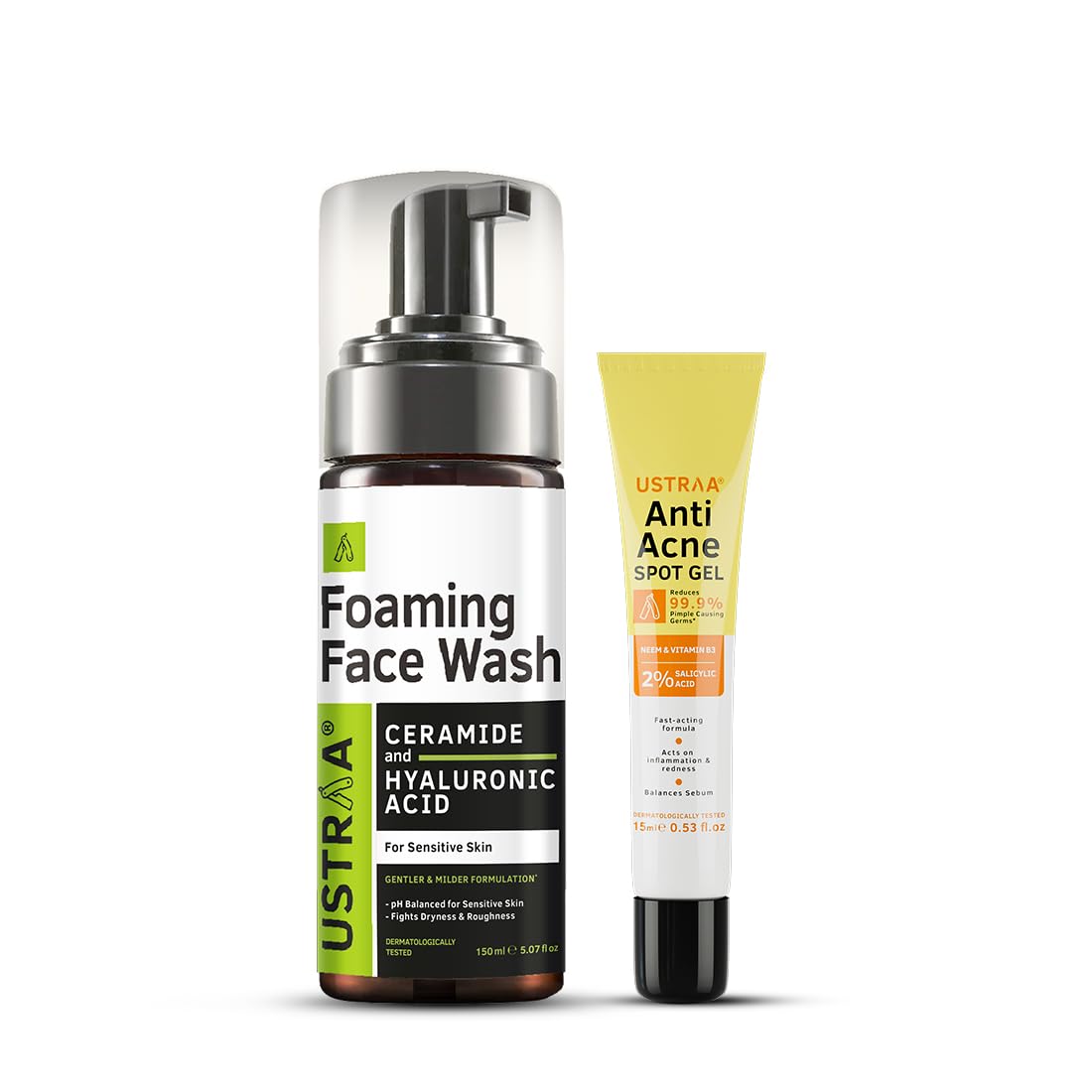 Ustraa Gentle Pore Care Combo - Foaming Face Wash - Sensitive Skin - 150 ml | Moisture Retention | with Ceramides & Anti Acne Spot Gel - 15ml | Reduces 99.9% Pimple-Causing Germs | Neem & Vitamin B3