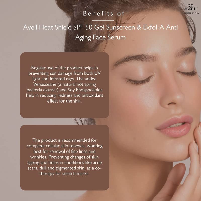 AVEIL Heat Shield SPF 50 Gel Sunscreen 50 ml & Exfol-A Anti Aging Face Serum 30 ml Combo Pack With Collagen Building | Overnight Repair & Firming Formula | For All Skin Types