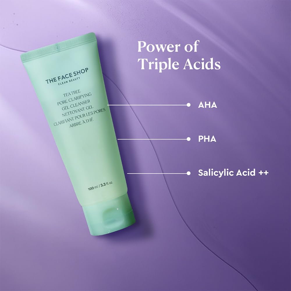 The Face Shop Tea Tree Pore Clarifying Gel Cleanser with Salicylic Acid++ | Mild Foaming Face Wash With AHA, PHA & Hyaluronic Acid for Acne-Prone Skin | 100ml