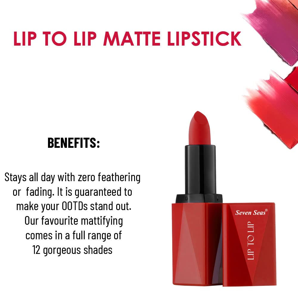 Seven Seas Lip To Lip Matte Full Coverage Long Lasting Lipstick | Smooth Application | Transferproof & Smudge Proof | Highly Pigemented Lipstick for Women (Matte Red)