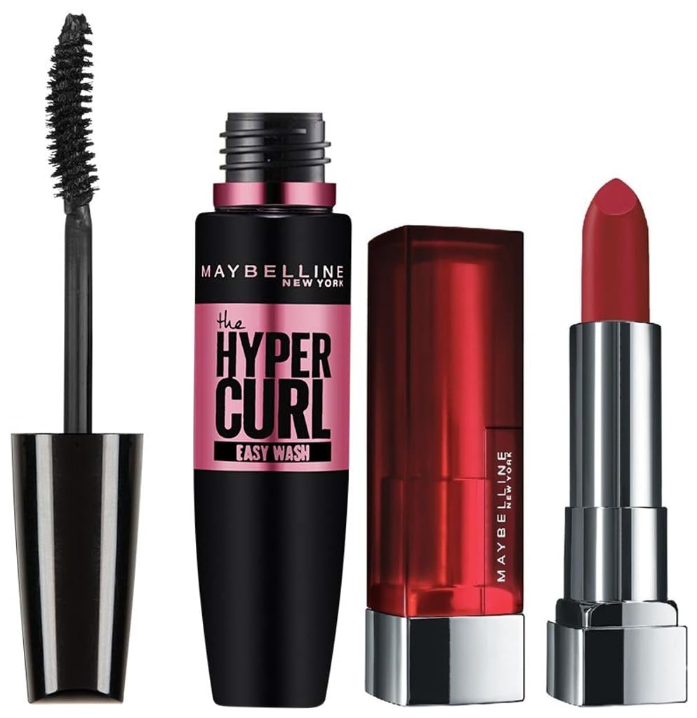 Maybelline New York Hypercurl Mascara Washable, Black, 9.2ml & Maybelline New York Color Sensational Creamy Matte Lipstick, 691 Rich Ruby, 3.9g